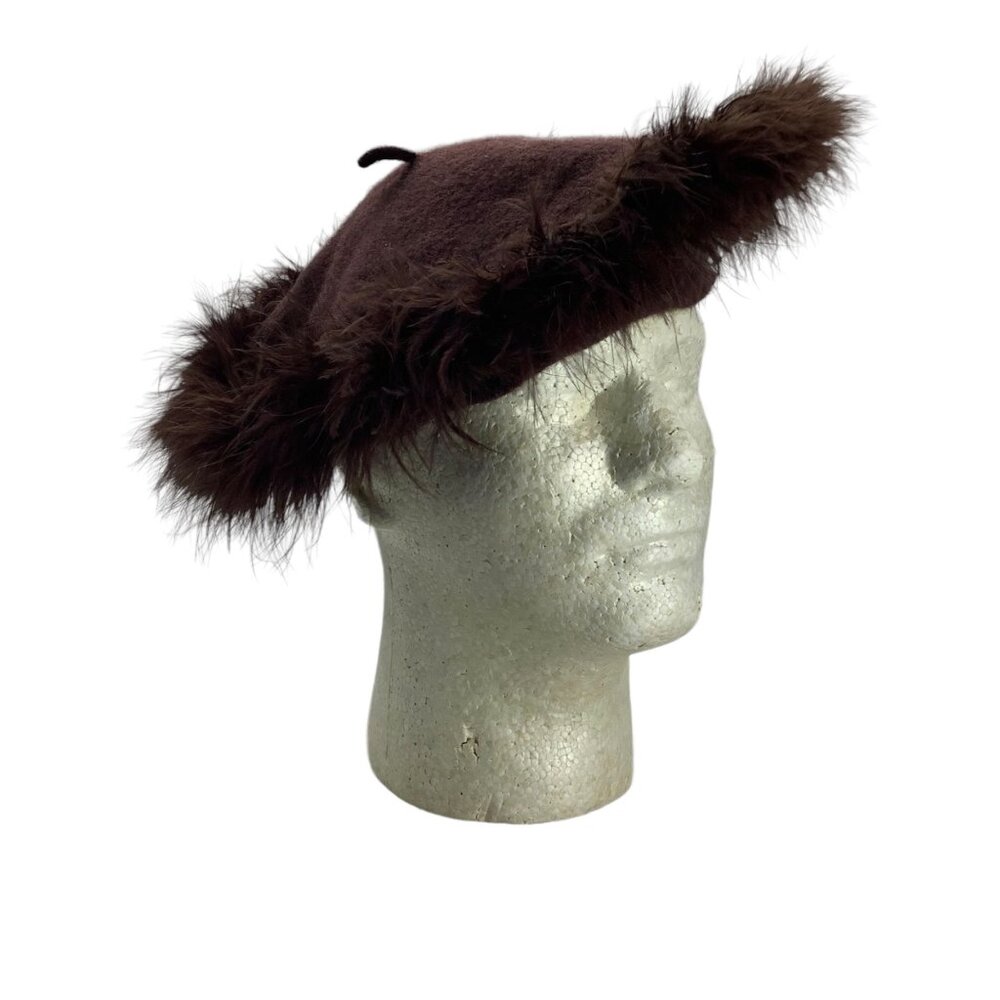 Vtg A.Brod 100%‎ Wool South African Brown Basque Beret Hat Bearnais Feather Brim
